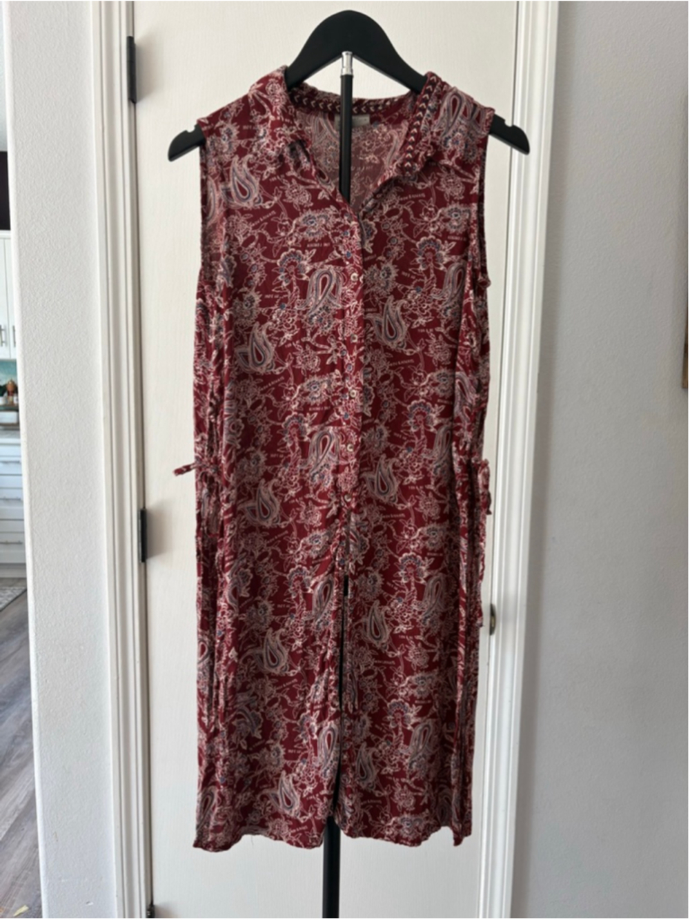 Vero Moda VMELINE Paisley Long Shirt Dress M Red Boho Side Slit Tie